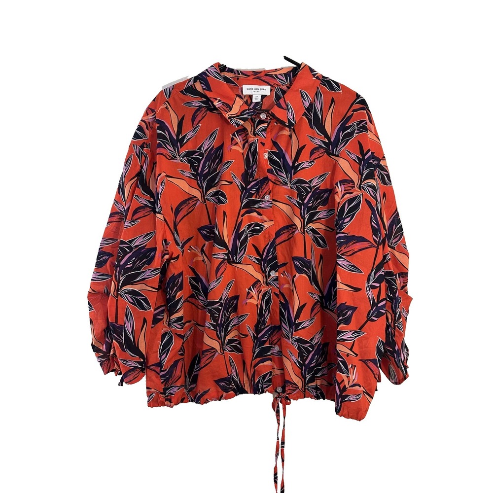 Mark New York‎ Womans Floral Tropical Top Size 2X Orange Tie Hem Hawaiian Beach